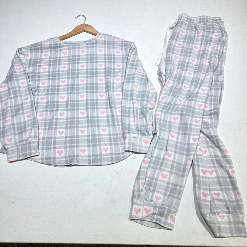 Loft Pajama Set Womens Large Gray Pink Heart Plaid Sleepwear Loungewear 2 Piece
